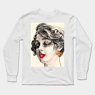 woman with golden earring and red lips Long Sleeve T-Shirt